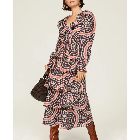 Marie Oliver Batik Midi Dress LARGE Tier Ruffle Silk Cotton Cottage Western $438 - Picture 1 of 11